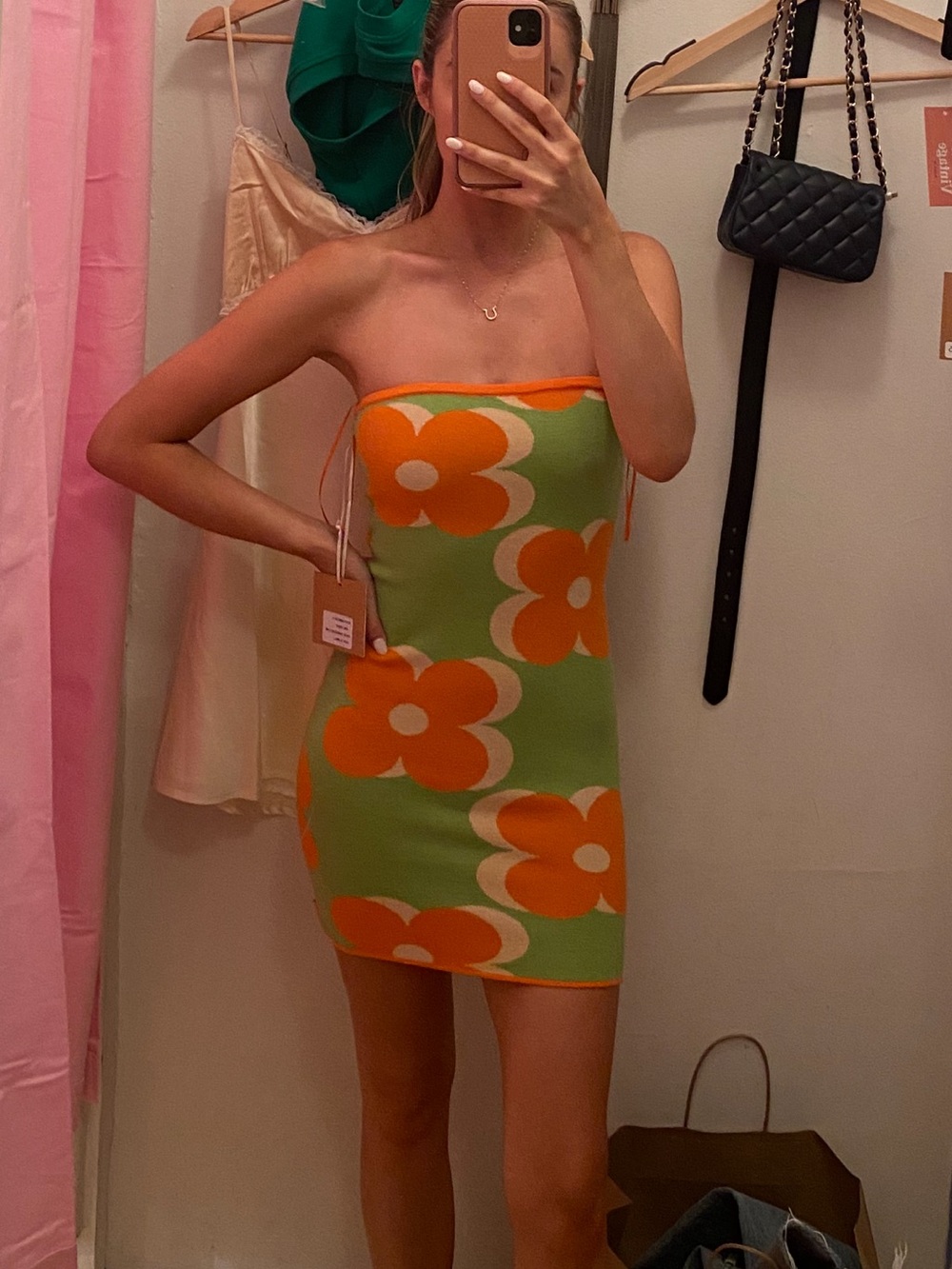 Green & Orange Floral Strapless Mini Dress